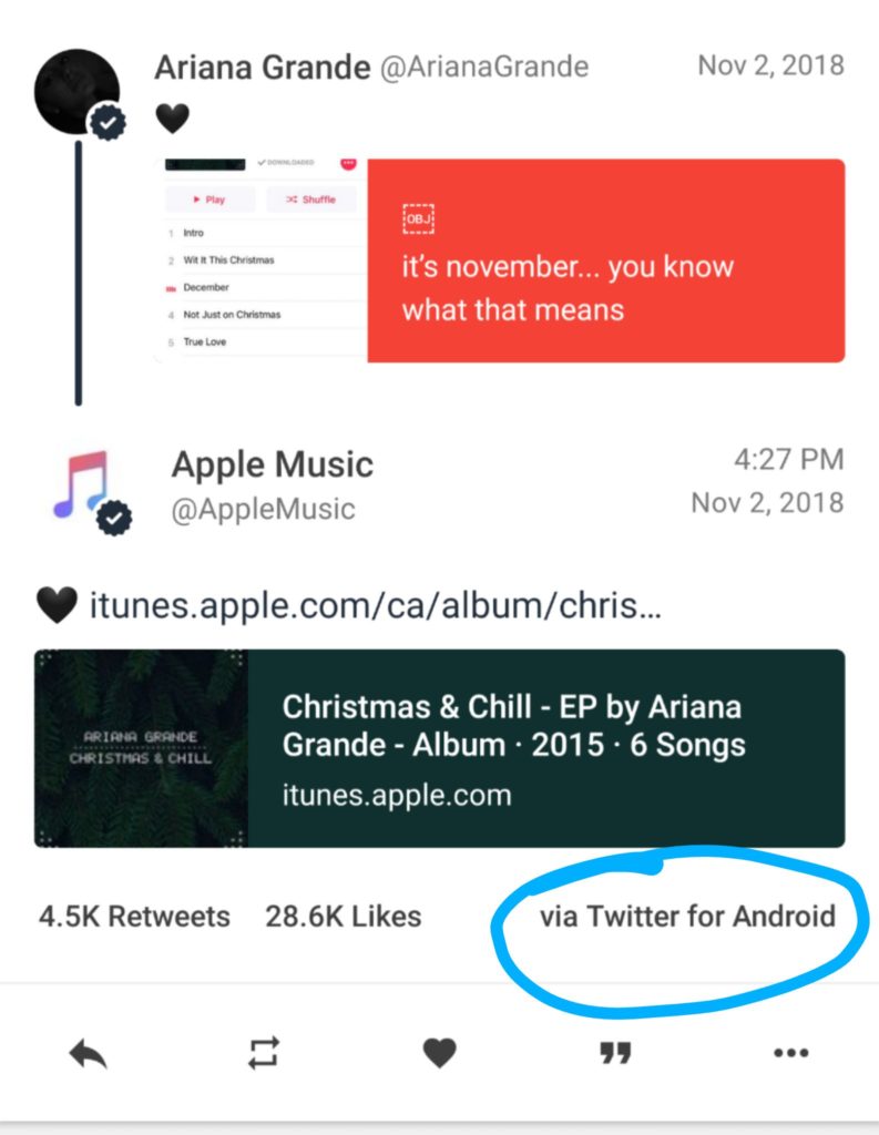 توییت تبلیغاتی اپل موزیک از یک موبایل اندرویدی منتشر شده است!