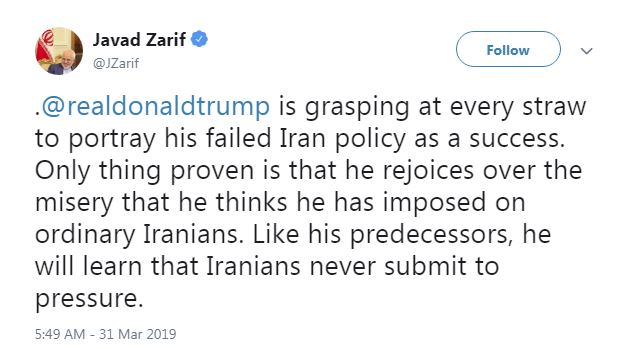ظریف: ایرانی‌ها هرگز تسلیم فشارهای آمریکا نمی‌شوند