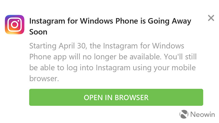 اینستاگرام روی ویندوز ۱۰ موبایل از ۱۰ اردیبهشت دیگر در دسترس نخواهد بود