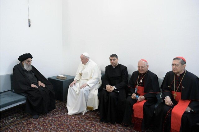 در دیدار آیت‌الله سیستانی با رهبر کاتولیک‌های جهان چه گذشت / پاپ نجف را ترک کرد