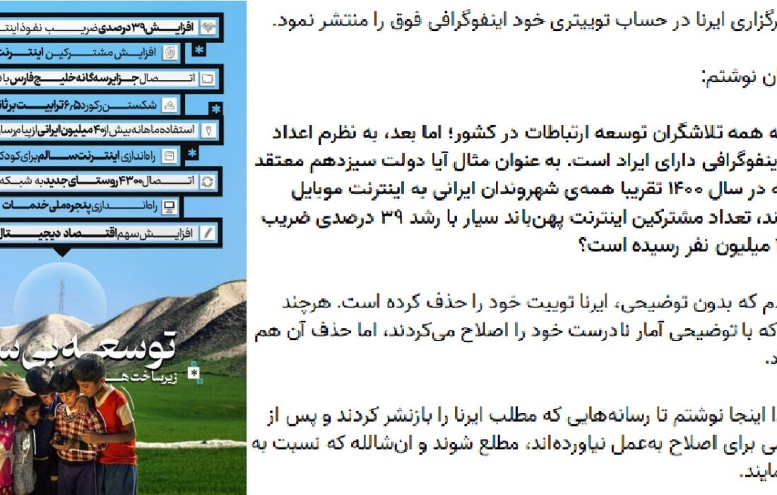 واکنش آذری‌جهرمی به اینفوگرافی خبرگزاری دولت در مورد اینترنت